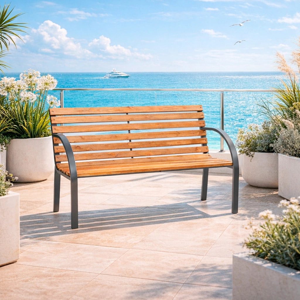 Panchina Da Giardino 2 Posti In Legno Di Abete E Acciaio Verniciato Panca Da Esterno Design Moderno Resistente Con Braccioli Comoda Per Terrazzo Balcone E Giardino 119.5 x 62 x 83 Cm