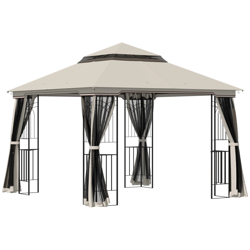 Gazebo da giardino con tenda per feste a doppio tetto 2.99 x 2.99 m con 4 pareti laterali in metallo e poliestere in beige