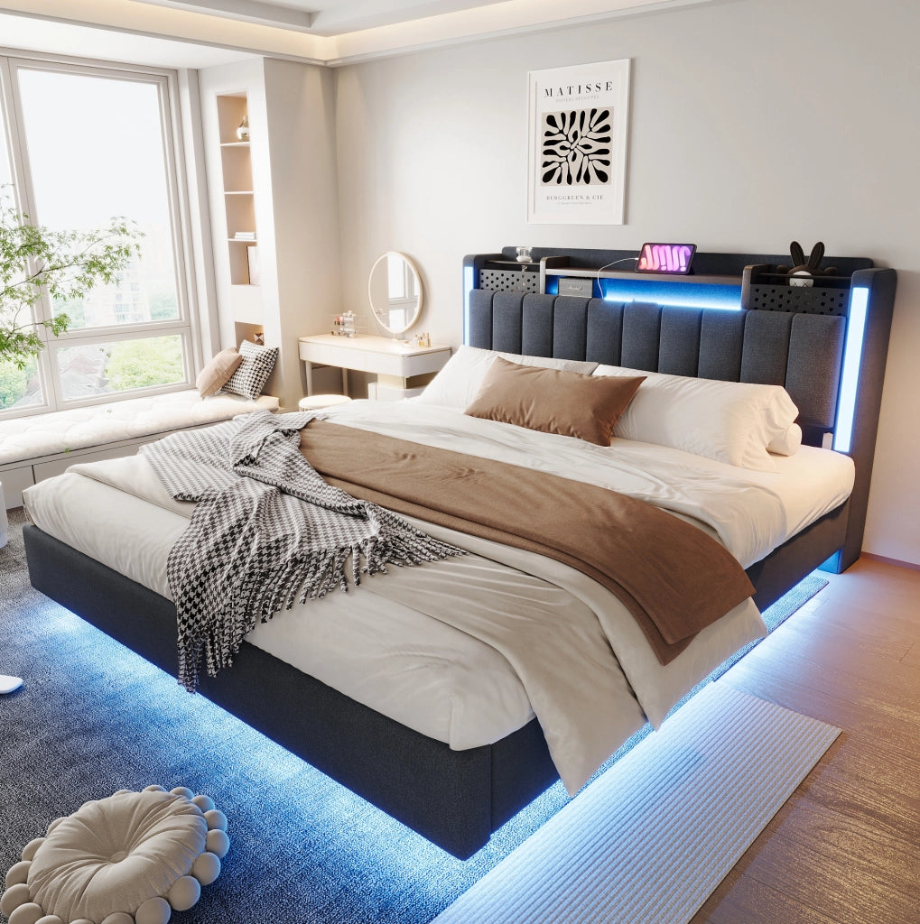 Letto imbottito 160x200 cm con LED; USB e contenitore nella testiera; grigio