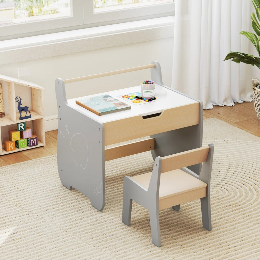 Set tavolo e sedia per bambini con piano rimovibile 2-in-1, Set scrivania in legno con spazio di archiviazione Grigio-Tavoli e sedie