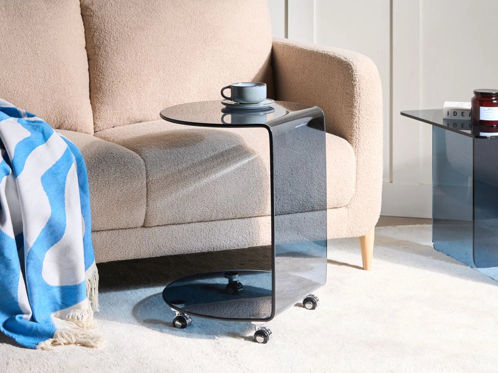 Tavolino blu in vetro temperato 57 x 45 cm con ruote Stile minimalista Soggiorno