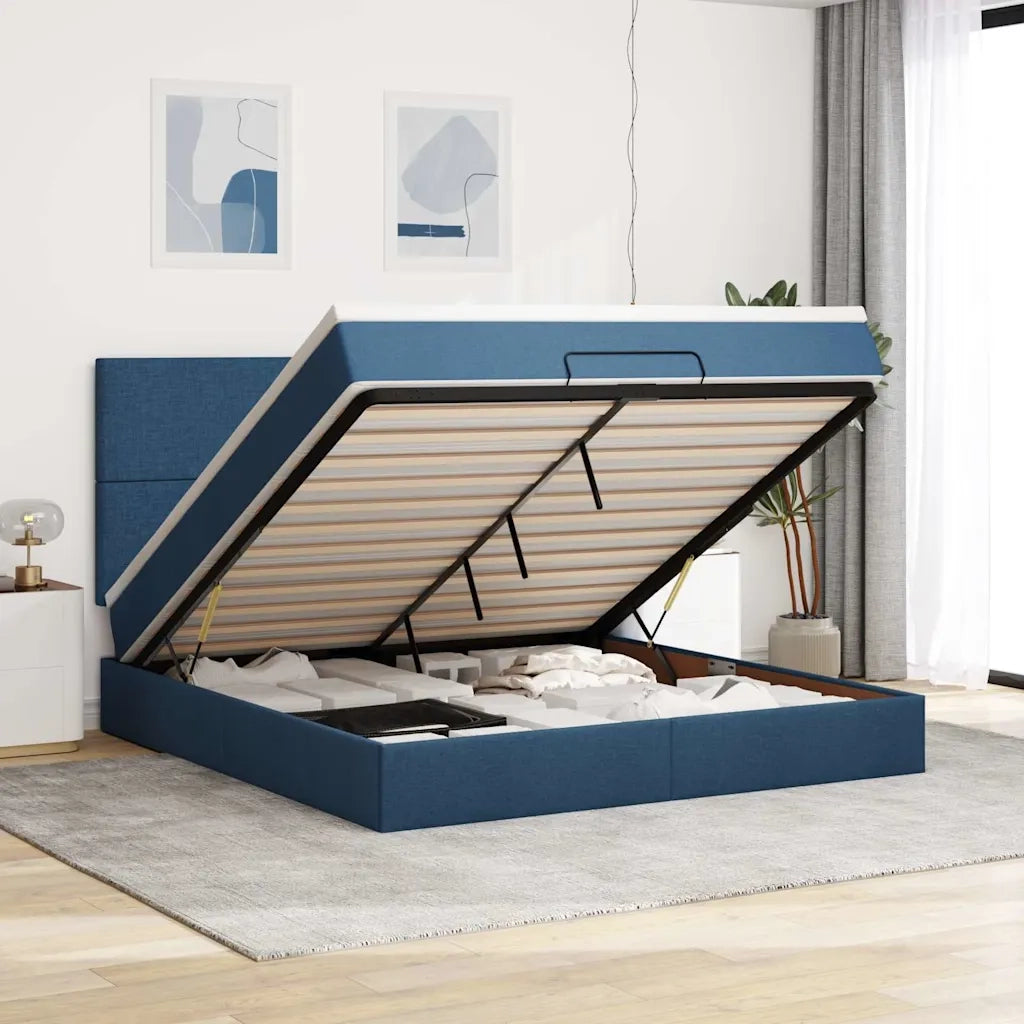 Struttura Letto Pouf con Materasso Blu 160x200 cm in Tessuto 3313091