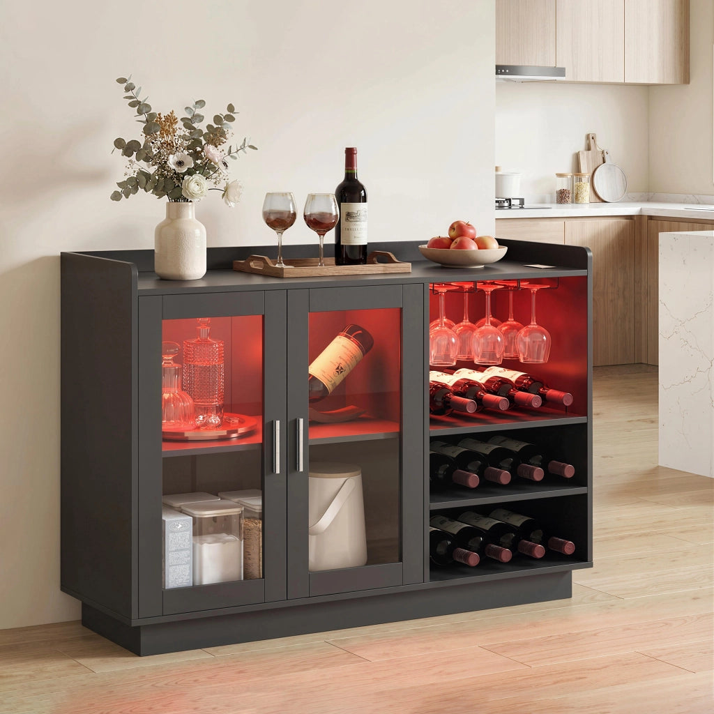 Mobile Portabottiglie con Luce LED e Scaffale Regolabile, in Legno e Vetro, 120x38x88 cm, Nero