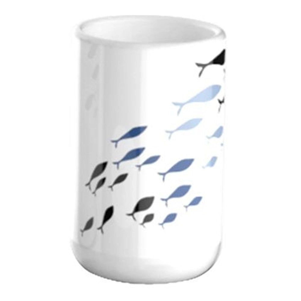 Trade Shop - Bicchiere Porta Spazzolino Bianco Con Pesciolini In Ceramica Arredo Bagno 69876 -