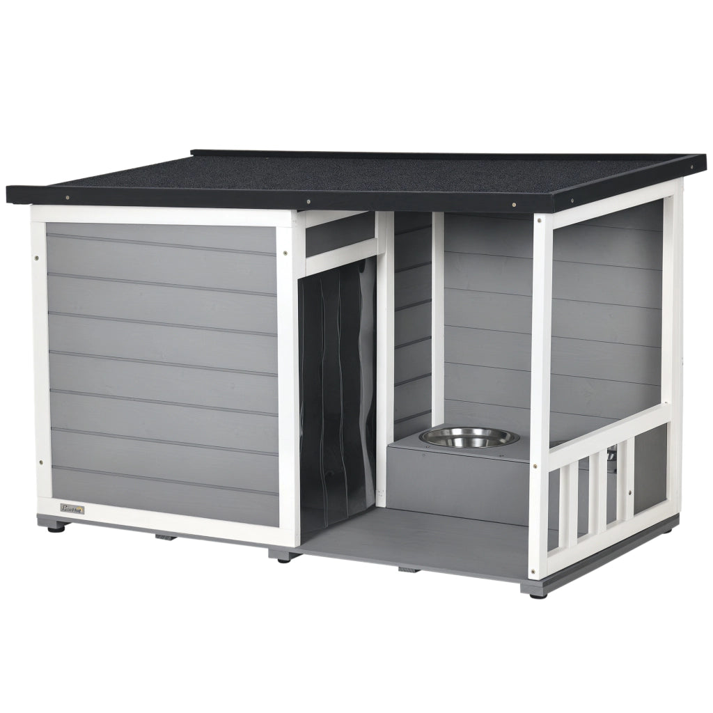 Cuccia per Cani in Legno Massello con Veranda e 2 Ciotole ¨C Xylo ¨C 103x62x66cm Grigio e Bianco