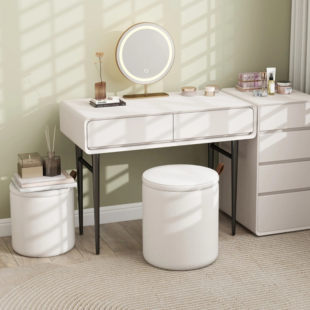 Pouf rotondo con contenitore set da 2 sgabelli a incastro con coperchi removibili, Pouf poggiapiedi in velluto a coste Bianco-Sgabelli