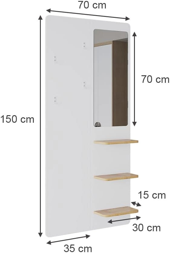 Appendiabiti da parete Jochen, Bianco/quercia, 70 x 150 cm con specchio, da parete con ripiano per scarpe e borse