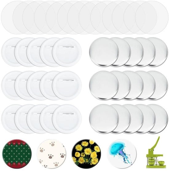 Accessori per badge a knop 100 pezzi - Bottoni a badge a pin - Copertine metalliche - Pinne per badge a knop in plastica - Inclusa pellicola trasparente