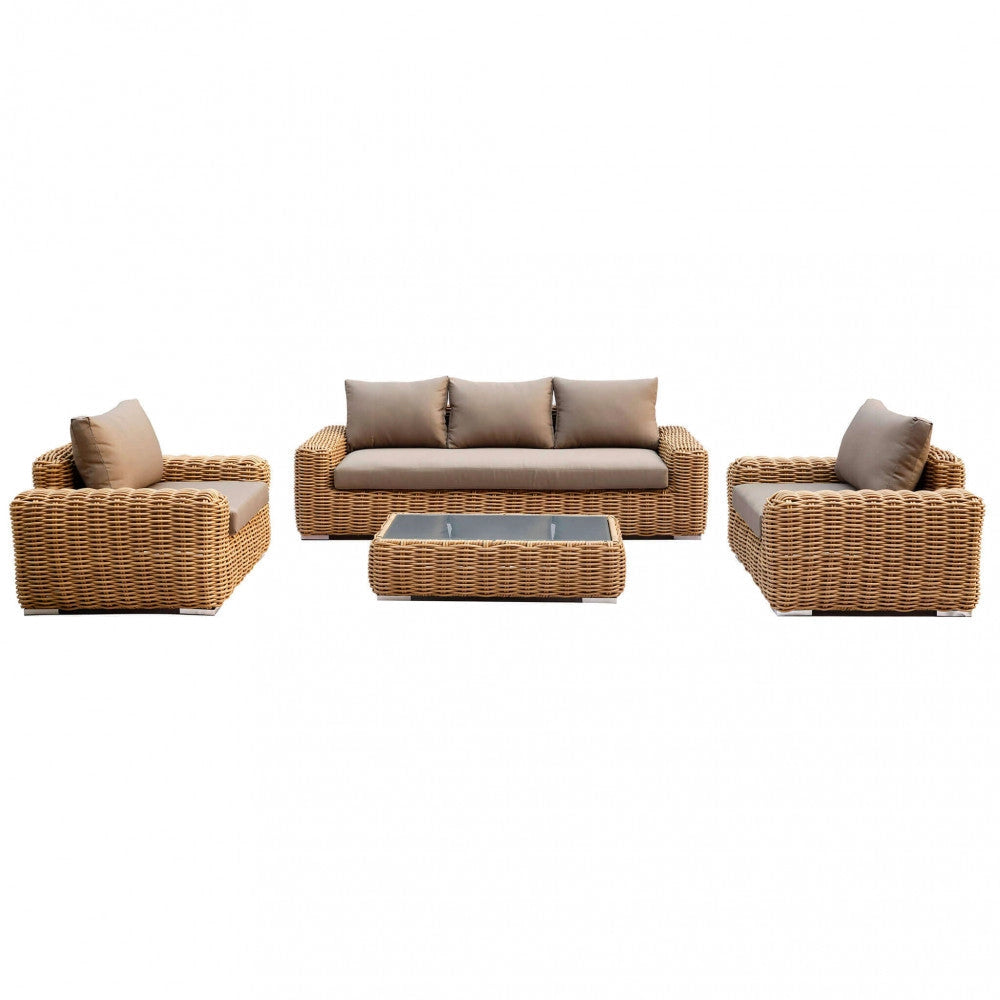 Set Salotto da Giardino Divano 2 Poltrone e Tavolino con Cuscini in Alluminio Marrone
