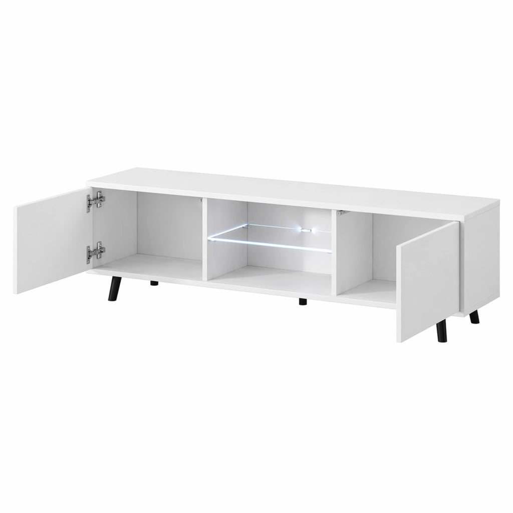 Mobile TV In Melaminico Con 2 Ante Battenti Vano Centrale Con Ripiano In Vetro E LED Piedini In Metallo Per Soggiorno Salotto Zona Living 140 X 31.5 X 40 Cm Bianco
