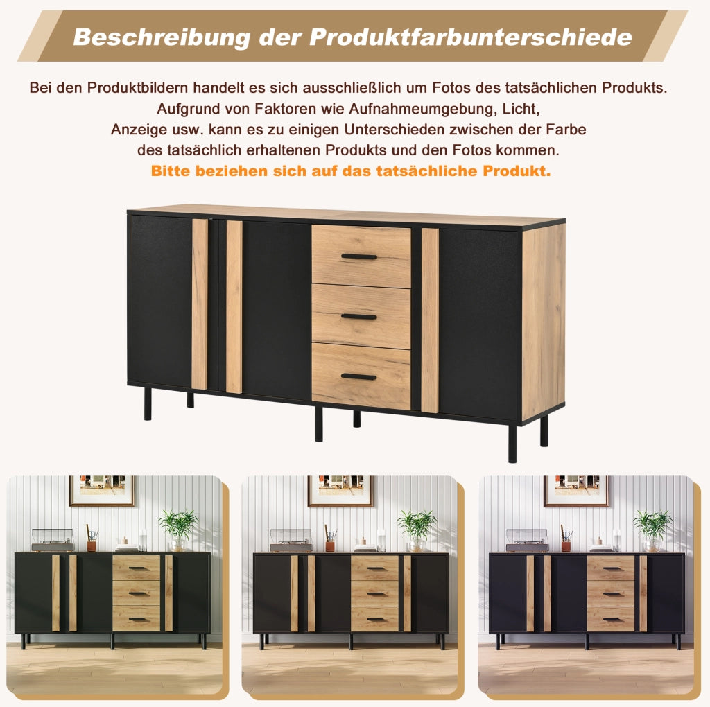 Credenza in MDF 140x35x70 cm con 3 ante; 3 cassetti e 6 gambe in metallo; nera