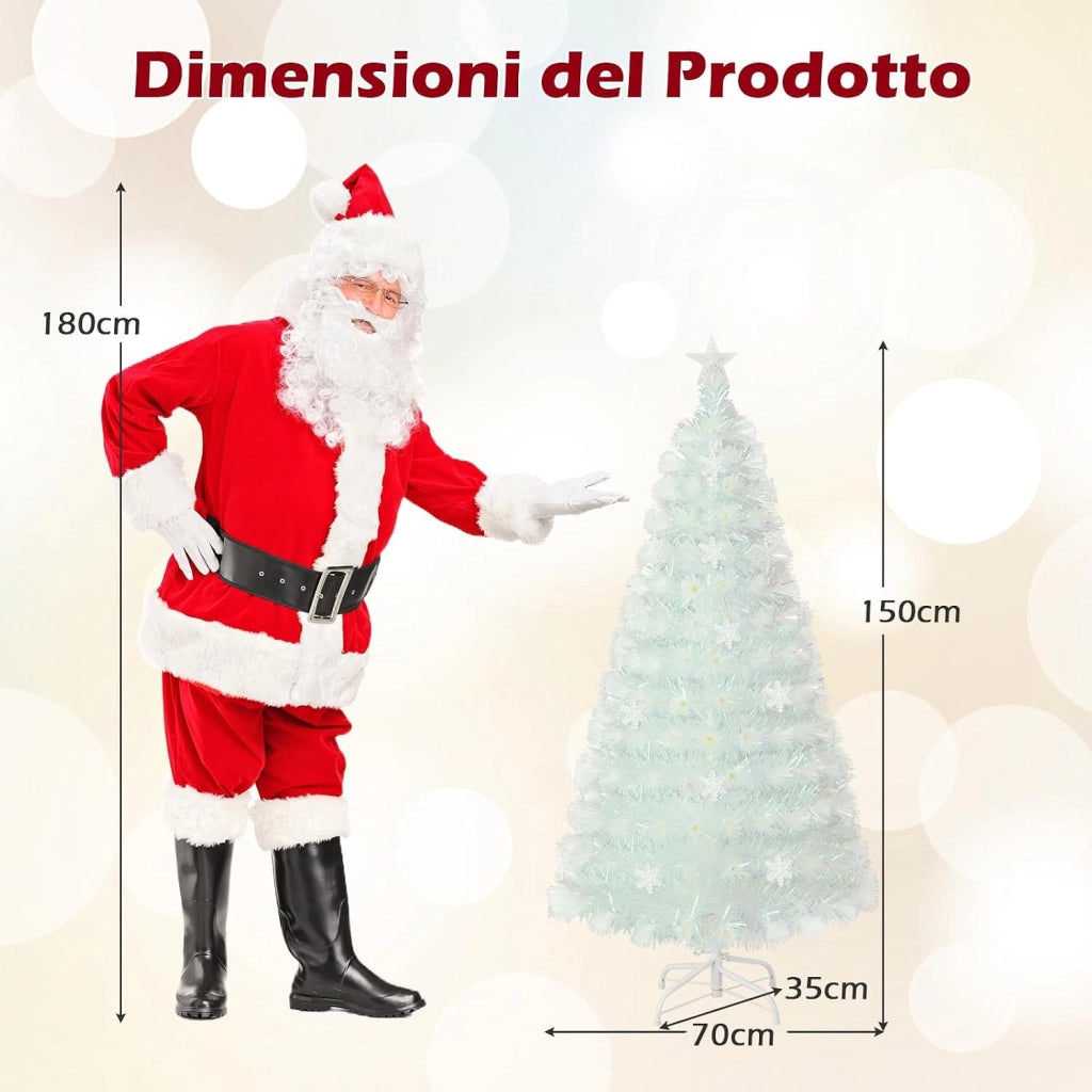 Albero di Natale Pre-illuminato in Fibra Ottica 120/150/180/210 cm, Albero di Natale Bianco con Foglie Iridescenti, Luci a LED a Fiocco di Neve Multicolore, Luce Superiore a Stella (150 CM)
