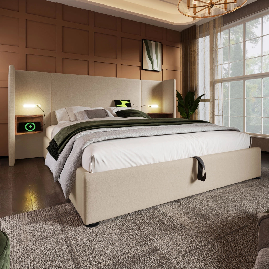 Letto Contenitore Matrimoniale; USB-C; Lampada da Lettura e Ripiani; 180 × 200 cm; senza Materasso