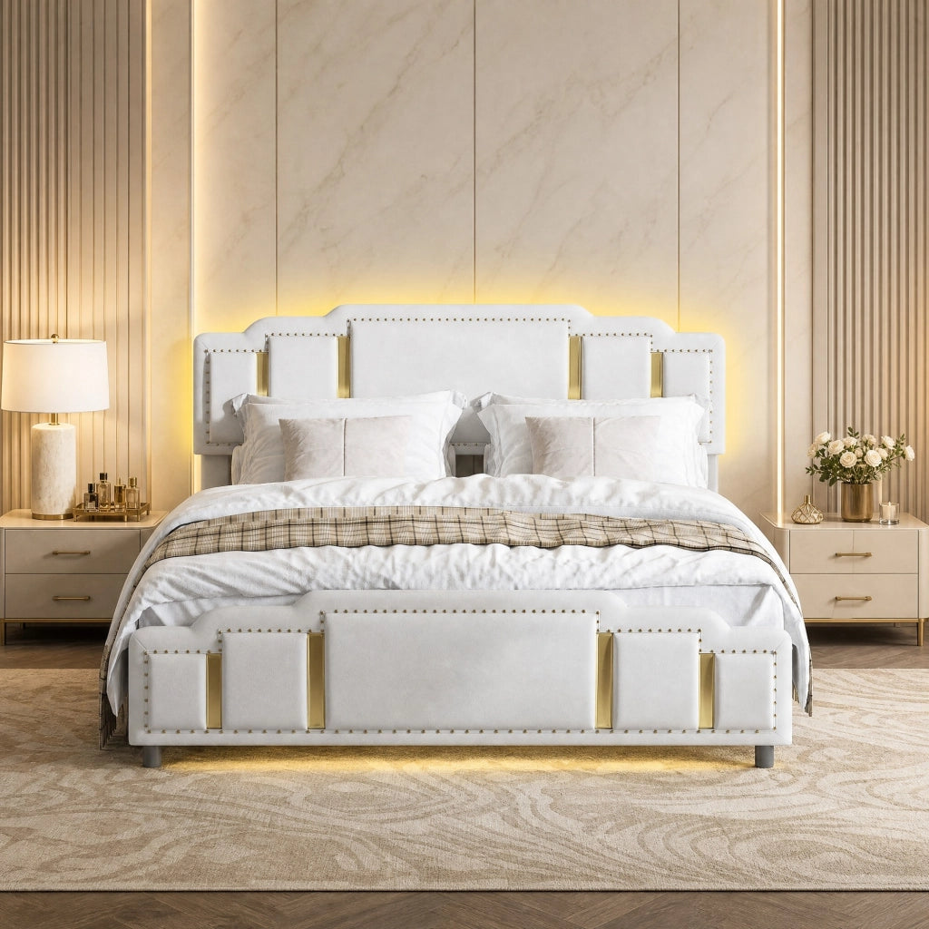 Letto imbottito 140x200 beige con LED e 4 cassetti