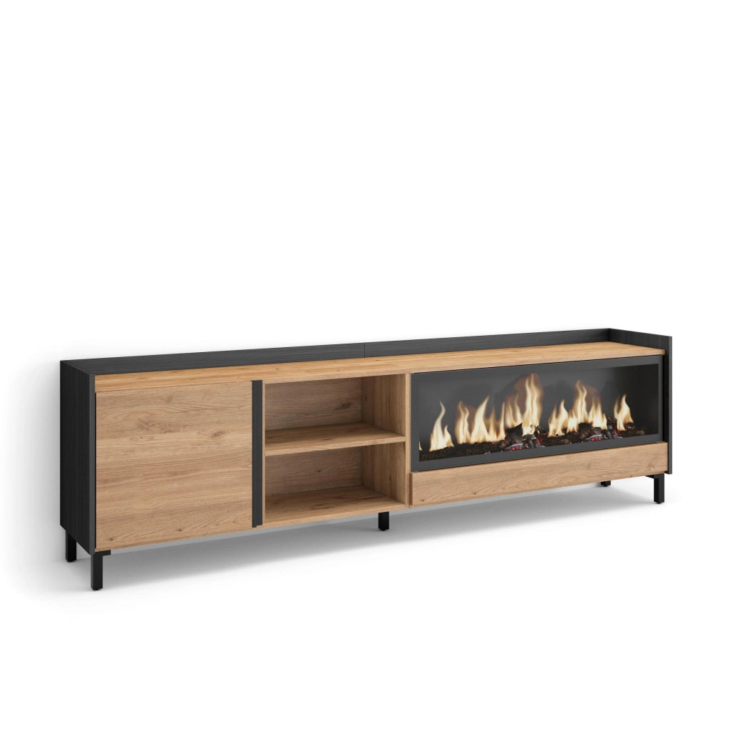 Mobile TV Soggiorno, 212x61x35 cm, Per TV fino a 80", Camino elettrico XXL, Design industriale, Rovere e nero