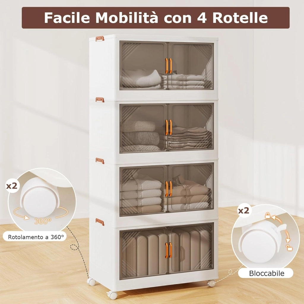 Contenitori da Stoccaggio Pieghevoli con Coperchio da 213/284 L, Scatole Impilabili a 3/4 Piani con Ruote, Organizzatore Pieghevole con Porte per Camera da Letto Soggiorno (65 x 39 x 142 cm)