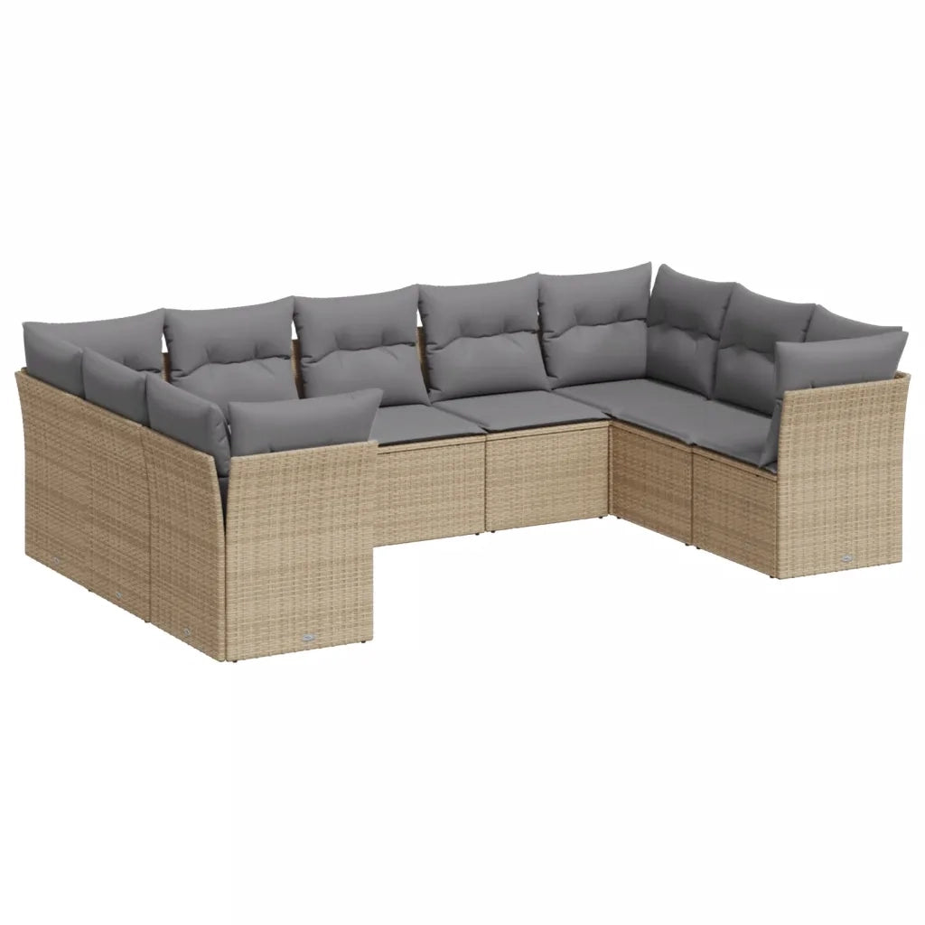 Set Divano da Giardino 9 pz con Cuscini Beige in Polyrattan