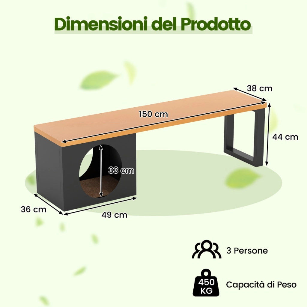 Panchina da esterno in metallo lunga 150cm con cuccia per gatti, Panchina senza schienale resistente alle intemperie Caff¨¨-Panchine
