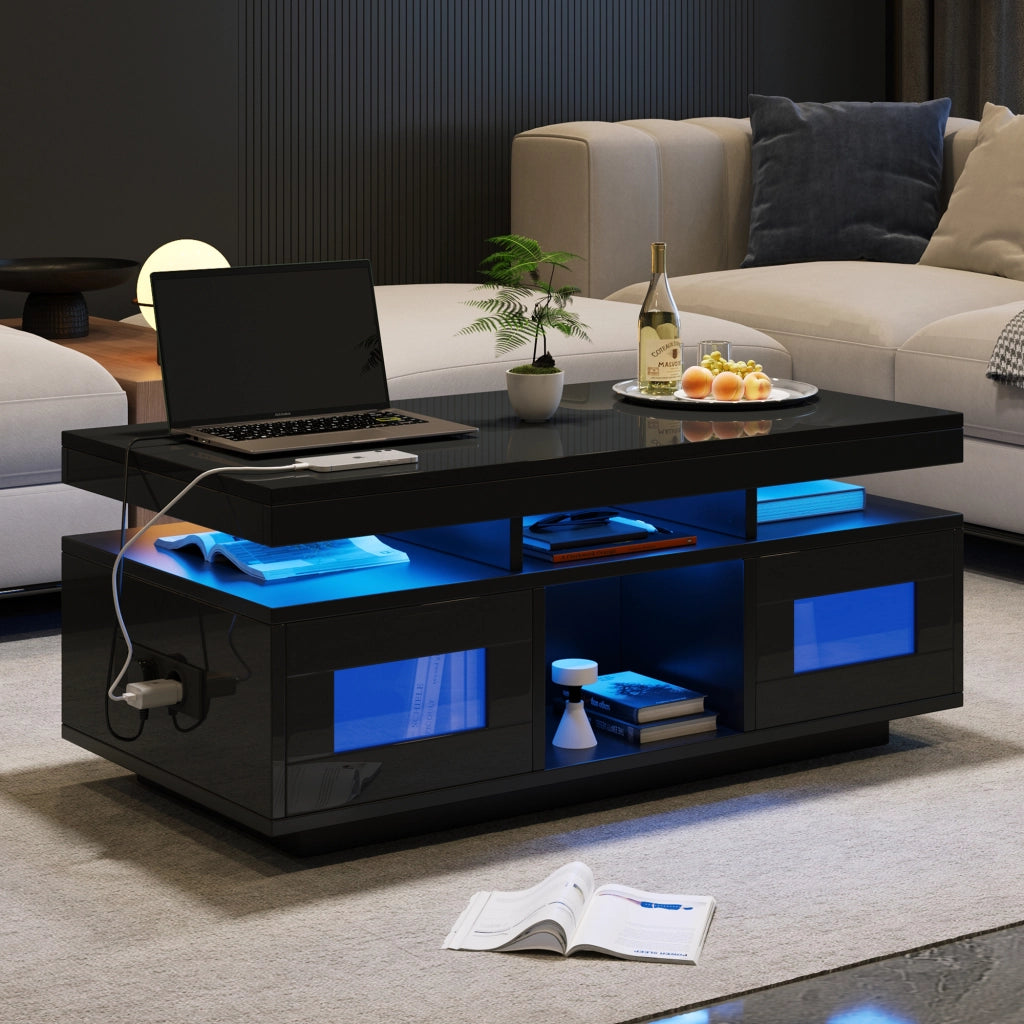 Tavolino da Salotto 2 Ante 2 Nicchie LED con Presa e USB per Soggiorno e Ufficio 100 × 50 × 43 cm