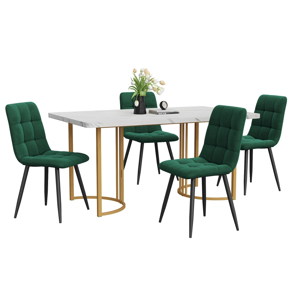 Tavolo da pranzo moderno con 4 sedie in velluto, piano in MDF effetto marmo, gambe in metallo, bianco, 140 × 80 cm