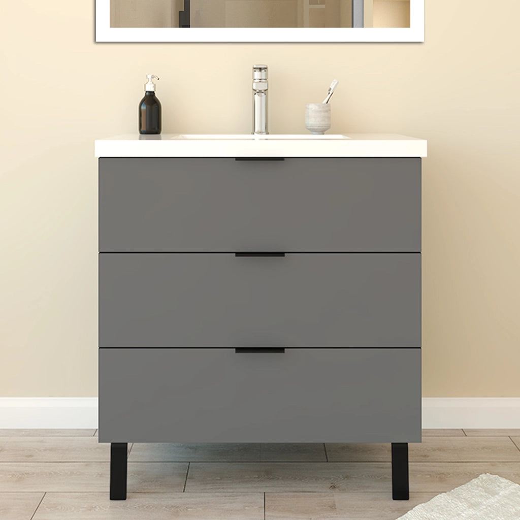 Mobile Bagno Appoggio 80 cm con 3 Cassetti, Lavabo da Incasso, Nero