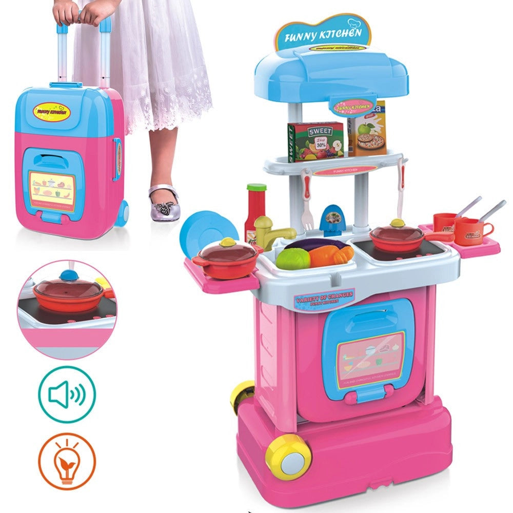 Trade Shop - Cucina Giocattolo Bambini Fornello Luci Suoni Richiudibile In Trolley Accessori -