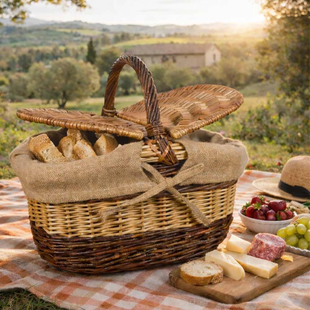 Cesto Ovale Carmen picnic in Vimini e Juta con doppio coperchio cm 44 x 35x h 38