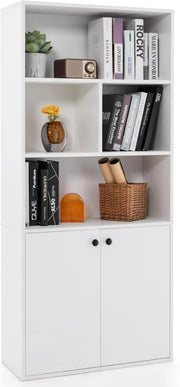 Libreria a 5 Ripiani con Doppie Porte, Scaffale Libreria Salvaspazio con Cubi Aperti e Ripiano Regolabile, Mobile Multiuso per Soggiorno, Studio, Ufficio e Camera da Letto, 70 x 29,5 x 155 cm