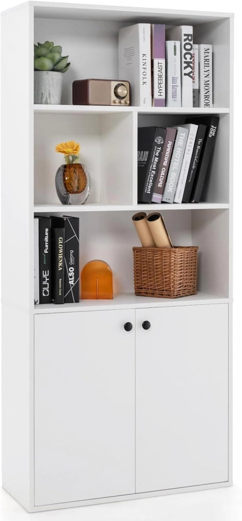 Libreria a 5 Ripiani con Doppie Porte, Scaffale Libreria Salvaspazio con Cubi Aperti e Ripiano Regolabile, Mobile Multiuso per Soggiorno, Studio, Ufficio e Camera da Letto, 70 x 29,5 x 155 cm