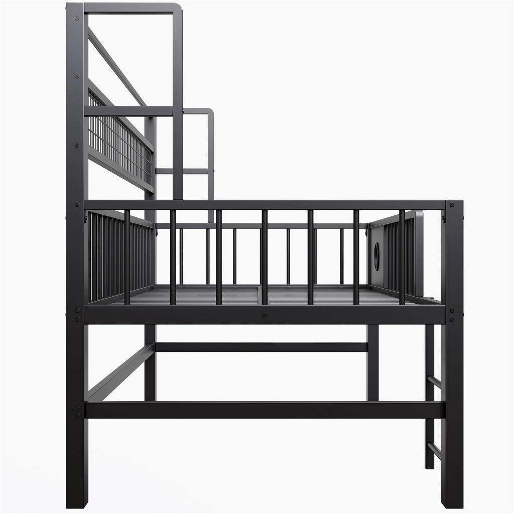 Letto a soppalco basso per bambini 90 × 200 cm con sbarre di sicurezza, ripiano e asta appendiabiti, senza materasso, nero