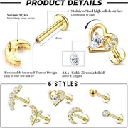 6 pezzi di orecchini in osso per tragus 16G per donne e uomini con interna viti a spirale CZ con disegni di luna, cuore, foglia, spirale e conchiglia per labret e monroe