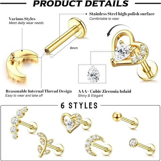 6 pezzi di orecchini in osso per tragus 16G per donne e uomini con interna viti a spirale CZ con disegni di luna, cuore, foglia, spirale e conchiglia per labret e monroe