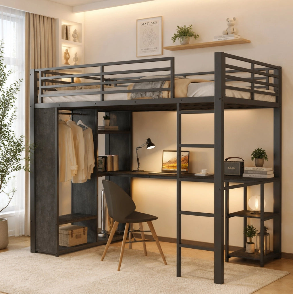 Letto a soppalco 90x200 cm con scrivania e LED nero