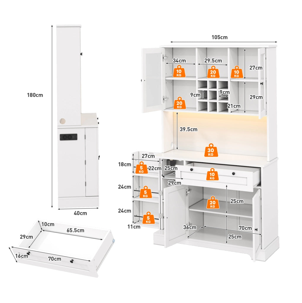 Credenza buffet con illuminazione LED RGB; prese USB e AC; 180 x 105 x 40 cm; bianco; in MDF