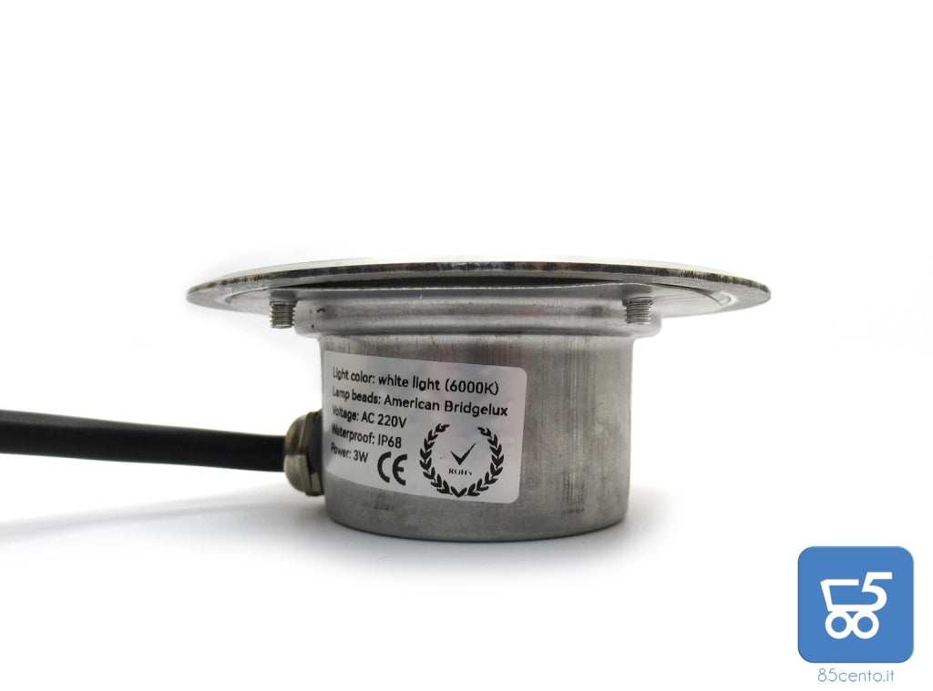 Faretto da Terra Segnapasso Calpestabile Luce Fredda 6000K LED 3W 300 LM Acciaio e Vetro Temperato