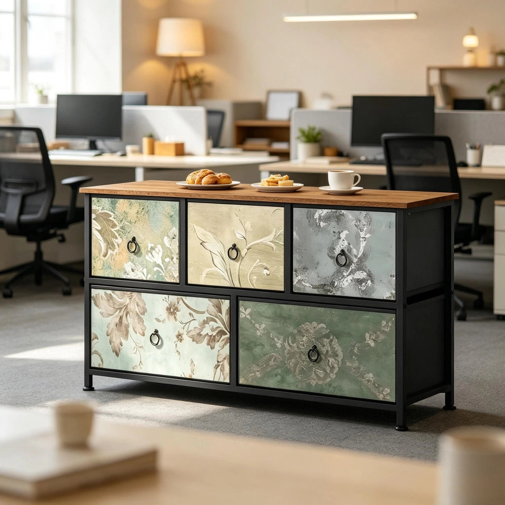 Mobile contenitore con 5 cassetti in tessuto, struttura in MDF e metallo, per camera da letto e ingresso, 100 × 30 × 54 cm