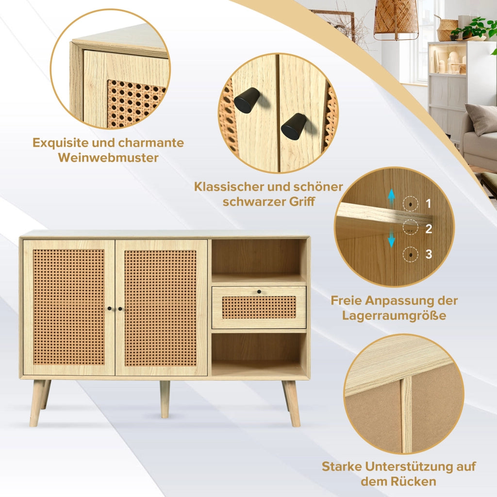 OKWISH Credenza Retrò con 1 Cassetto e 2 Ante Magnetiche, Ripiani Regolabili, per Soggiorno o Sala da Pranzo, 120×40×80 cm