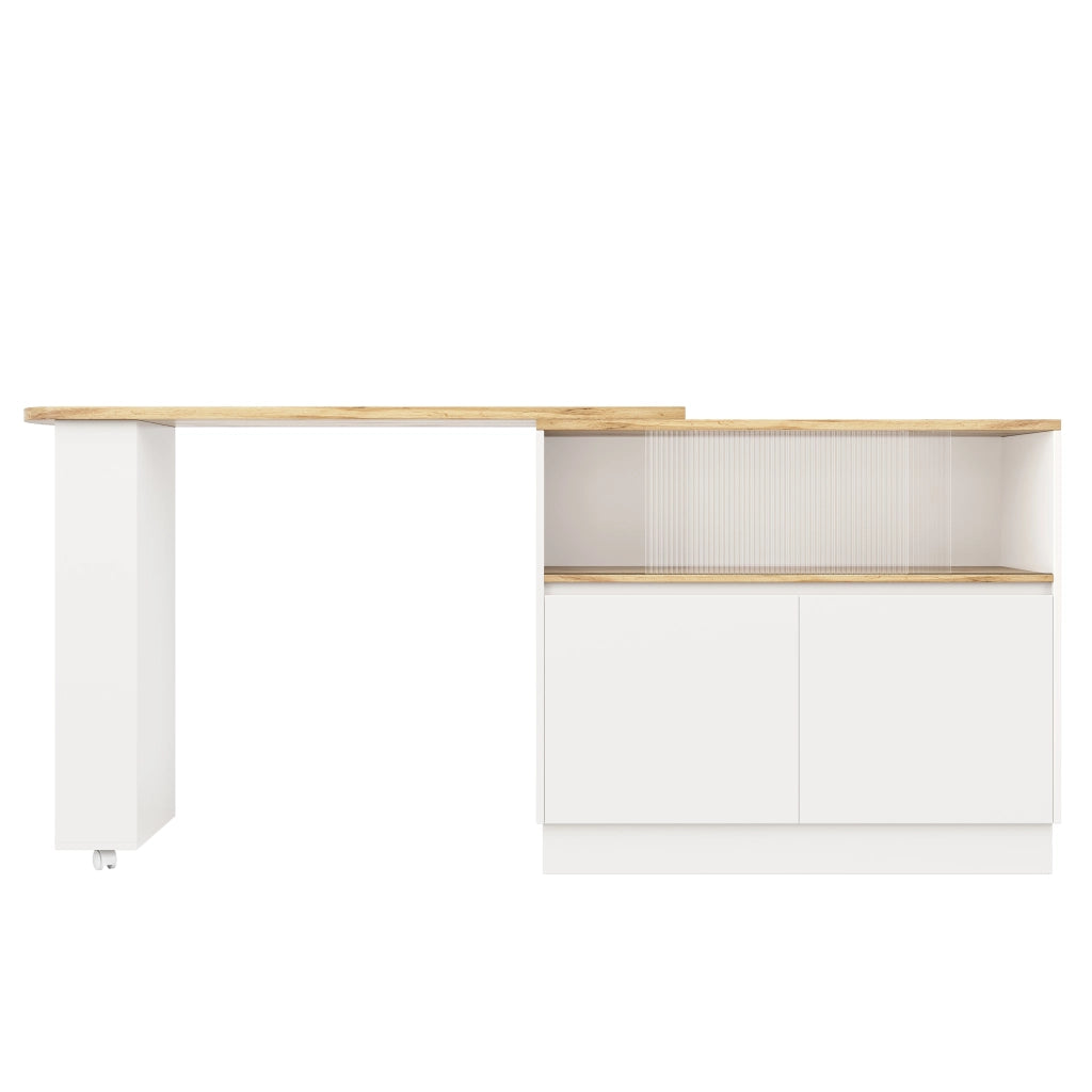 Isola cucina e mobile bar girevole 360° con ante in vetro, ripiani e cassetti, bianco in MDF