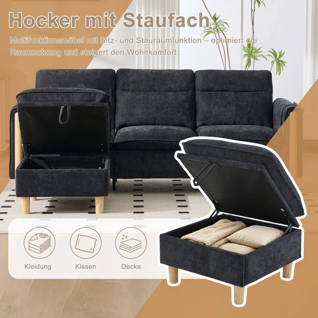 Divano angolare modulare a tre posti con pouf contenitore e tasche laterali in ciniglia nero 201 × 77 × 86 cm
