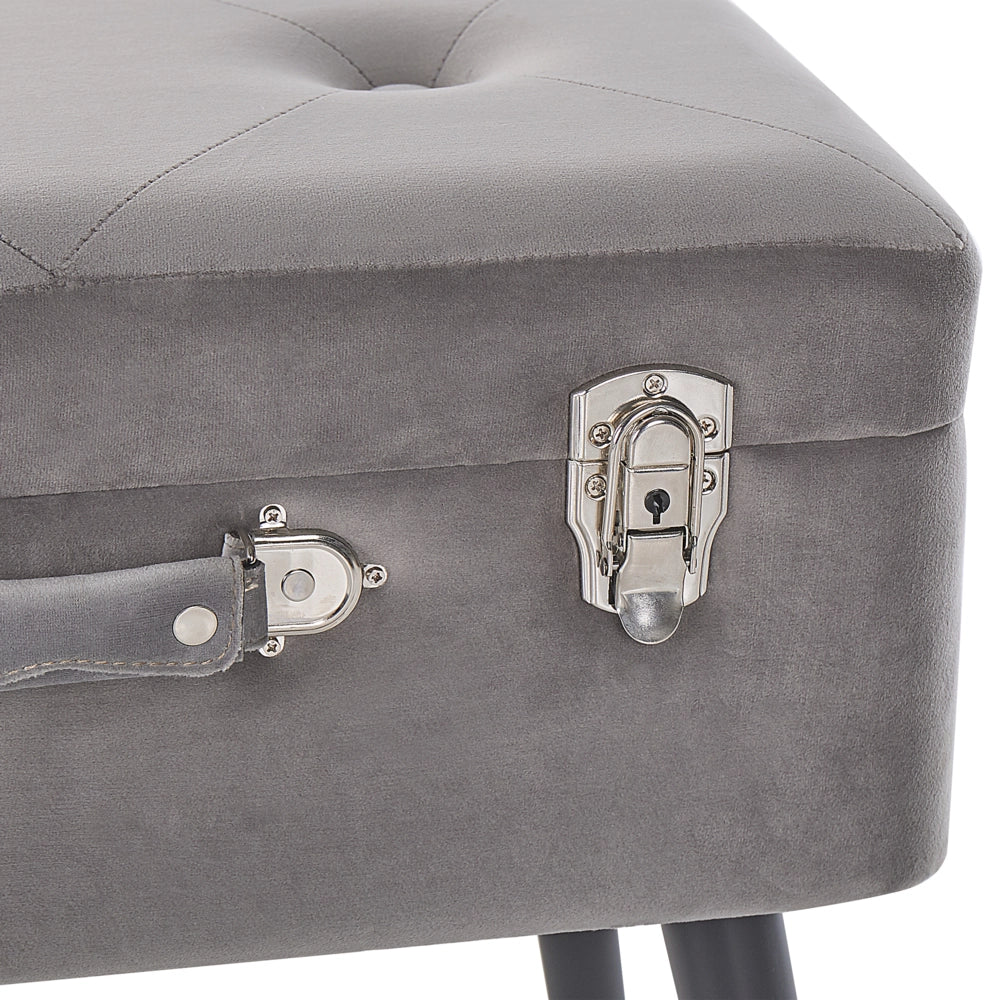 Comodino Sgabello Contenitore gambe nere imbottite in velluto grigio a forma di valigia con bottoni