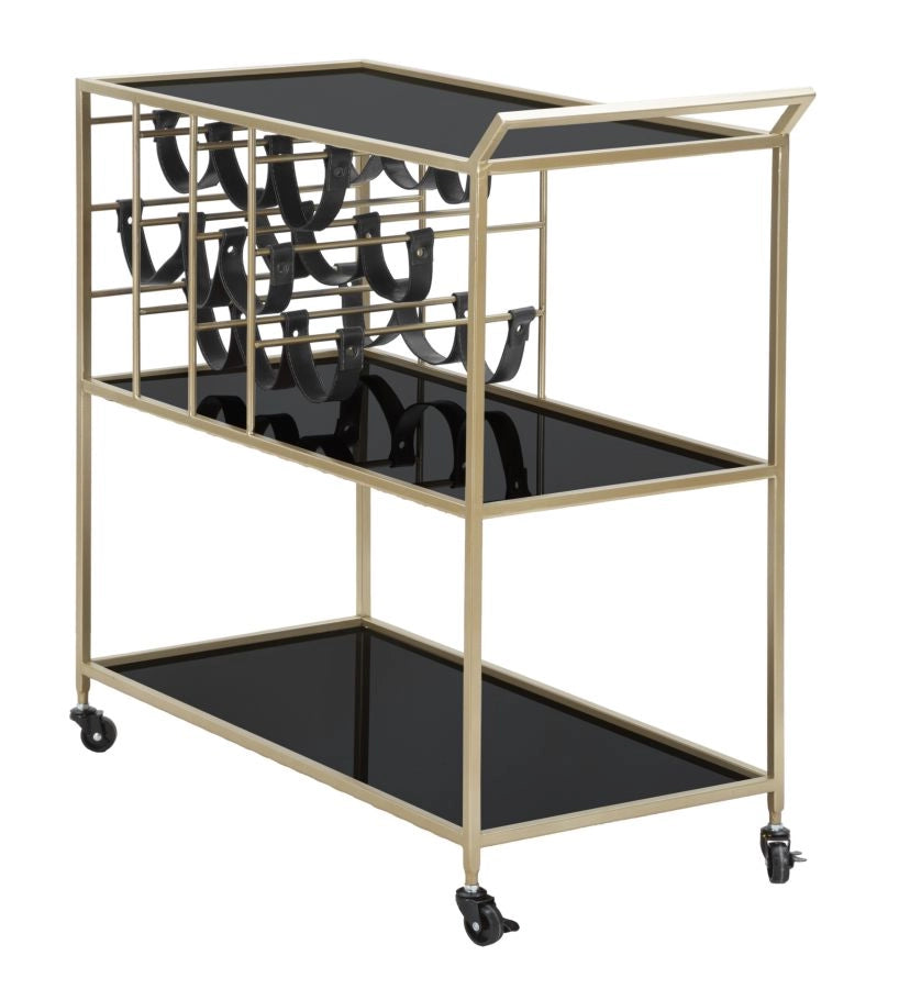 Carrello Black String Gold - Carrello Portavivande e Portabottiglie con Specchi, 79x39,5x82 cm - Stile Glam - Parent 940