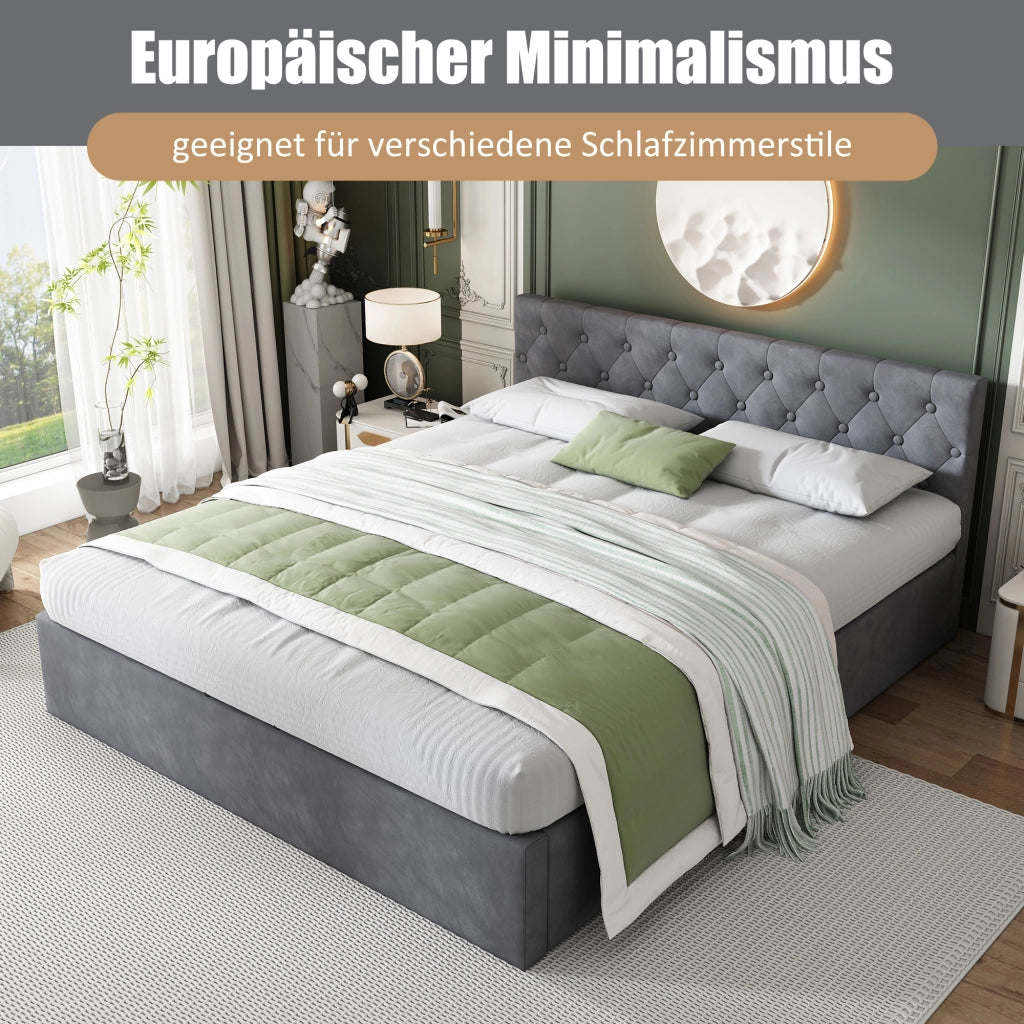 LETTO contenitore 140x200 cm in velluto grigio con testiera capitonné e rete a doghe