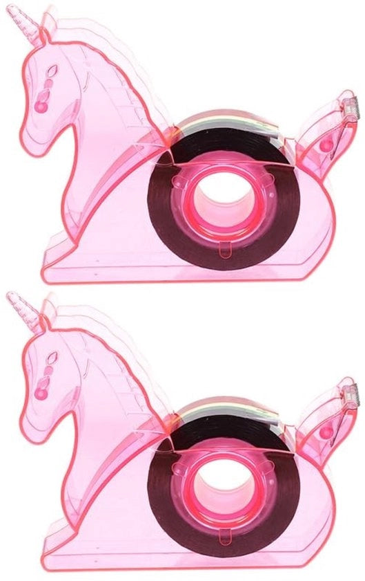 Due pezzi di dispenser adesivo con disegno di unicorno, dispenser adesivo compatta e pratica per ufficio, scuola e casa, molteplice supporto adesivo per scrivania, leggero e portatile.