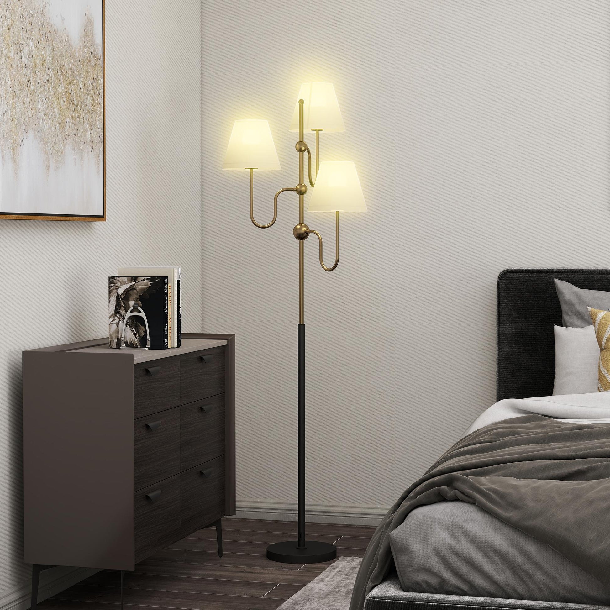 Lampada da Terra Alta con 3 Punti Luce Attacco E27 e Interruttore a Pedale 54x54x165 cm Base in Metallo Oro