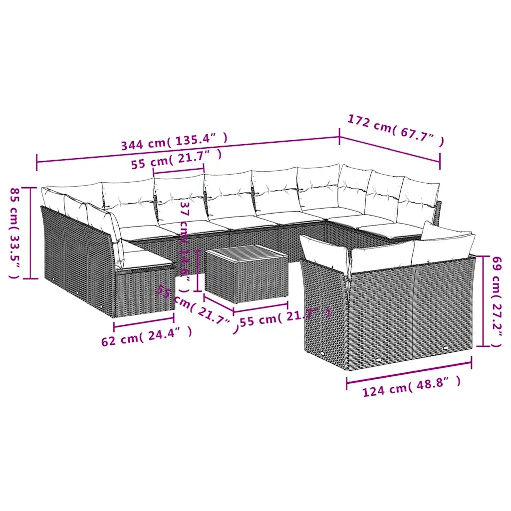 Set Divani da Giardino 13pz con Cuscini Nero in Polyrattan 3256246