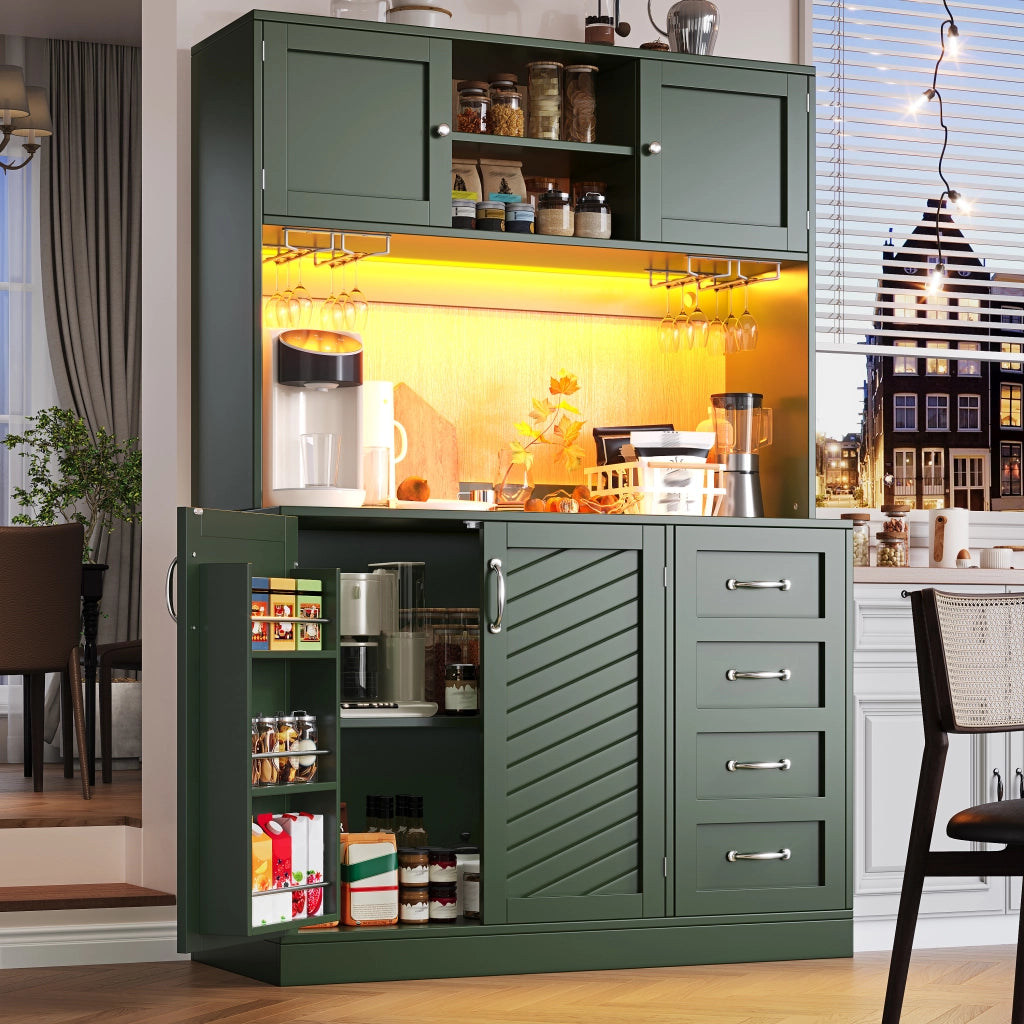 Credenza con LED e 4 ante, 2 cassetti e portabottiglie, mobile contenitore in MDF verde 120 × 40 × 188 cm