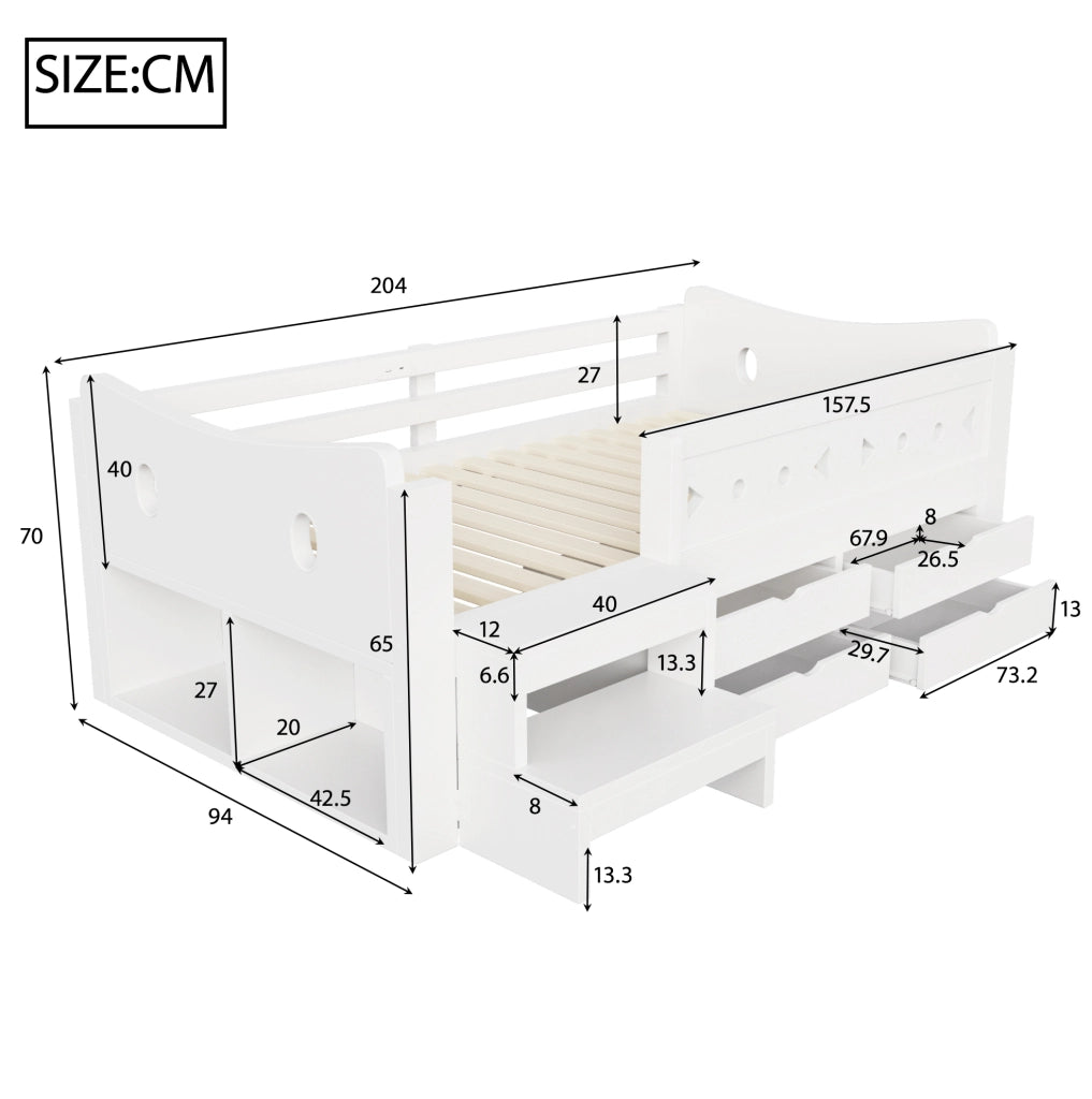 Lettino per bambini 90x200 cm in legno bianco con contenitore; LED e porte USB