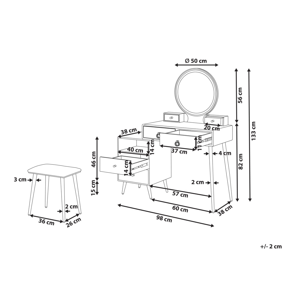 Toeletta con 6 cassetti specchio LED bianco e oro e sgabello camera da letto elegante