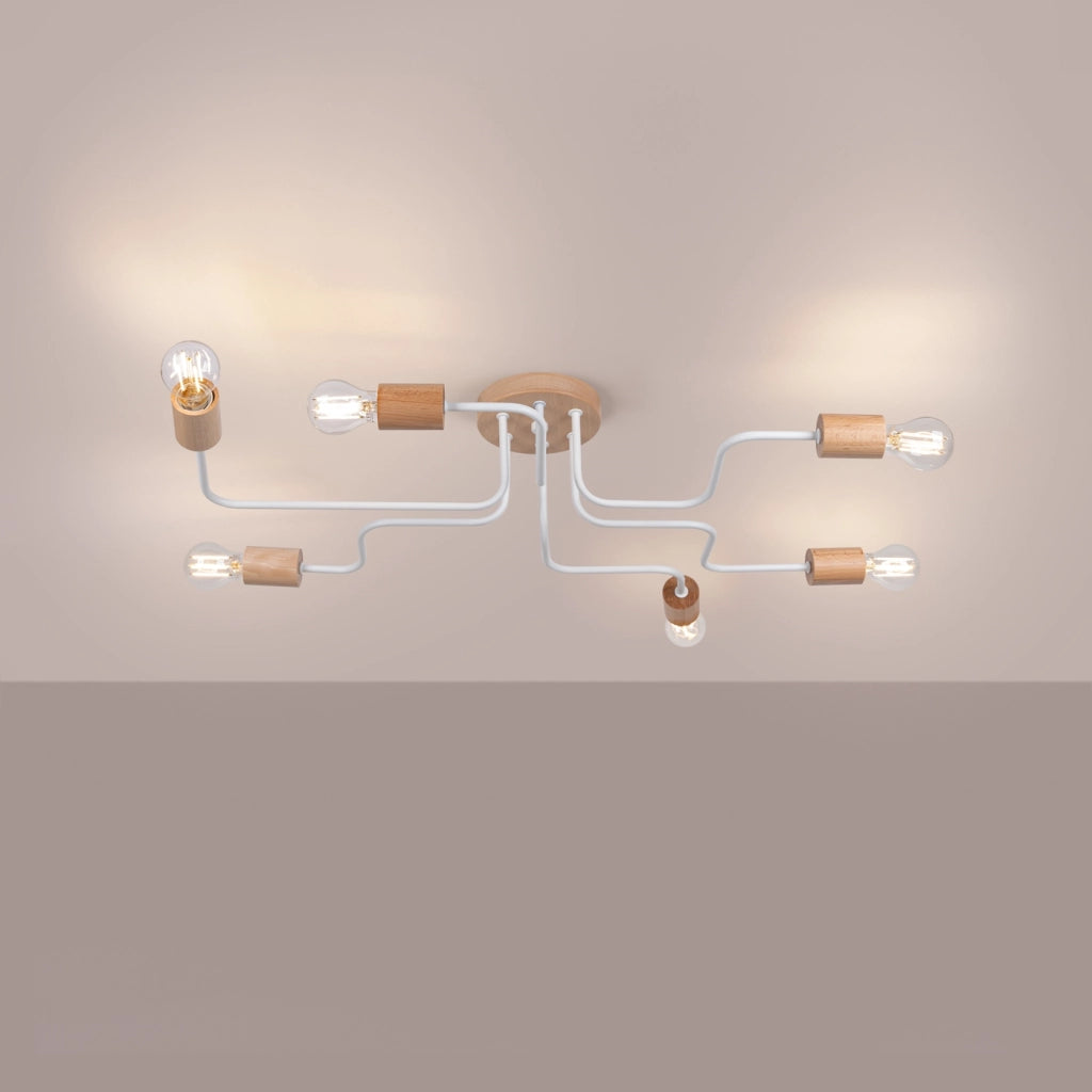 Lampada da parete TIMBO Peach Puff a 6 luci, design scandinavo, in legno bianco e acciaio