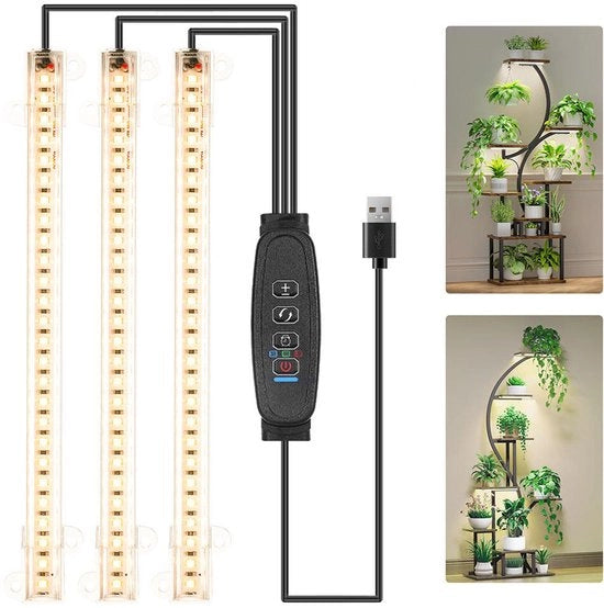 Lampada per crescita - Lampada per crescita a 3 strisce (33 cm) - IP54 impermeabile all'acqua - Lampade LED per la crescita di piante da appartamento e fiori - Dotata di un timer da 3/9/12 ore e 10 livelli di regolazione di illuminazione.